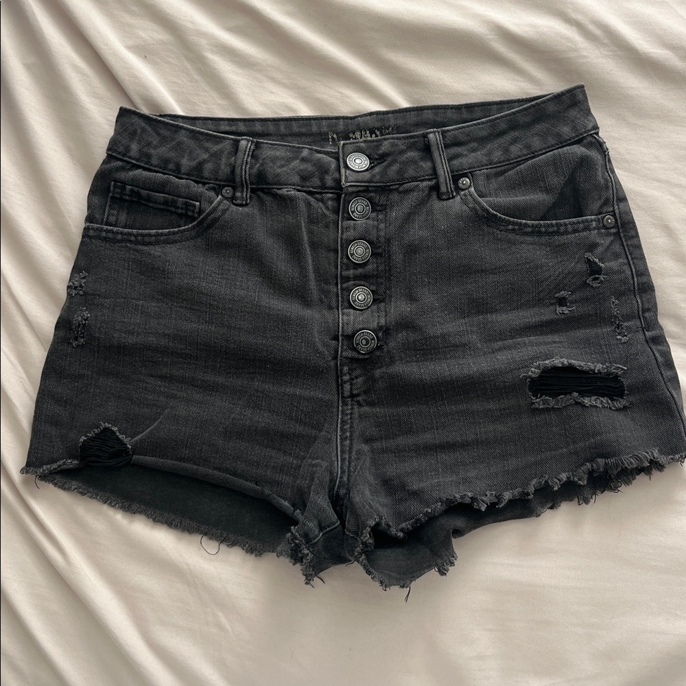 Distressed Black Denim Shorts
